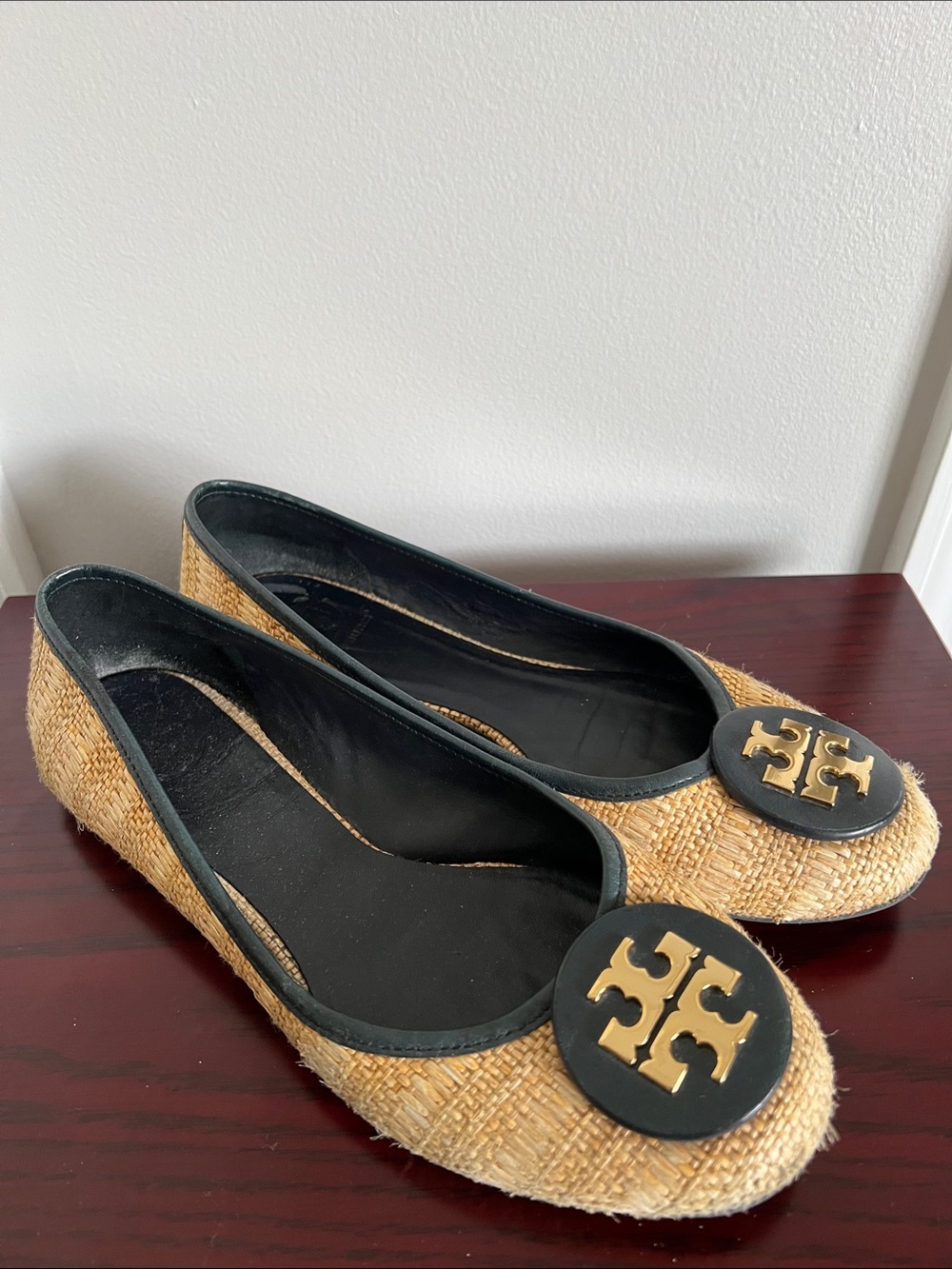 Tory Burch Natural Raffia Ballet Flats with Navy Leather Trim & Gold Logo